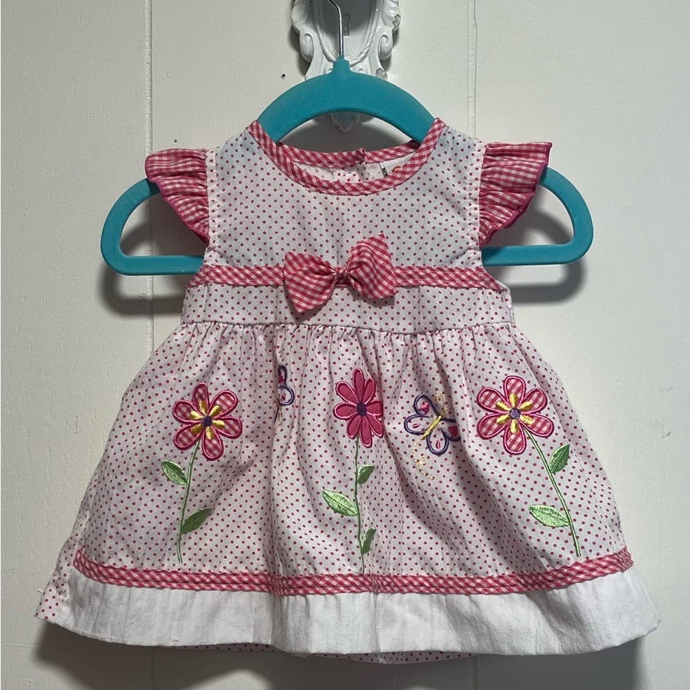 Pink Polka Dot Kids Dress with Floral Design